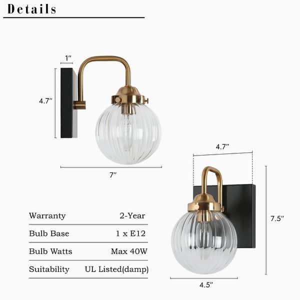 Modern Black Gold 1-Light Ribbed Globe Glass Wall Sconce Classic Vintage Design for Bathroom Vanity Lights