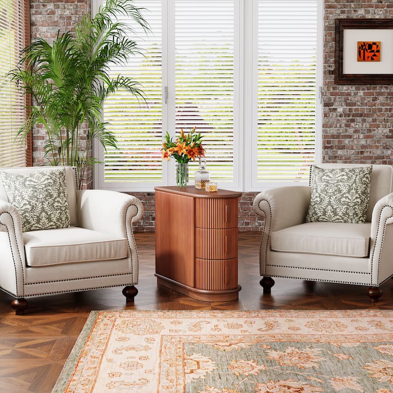 Semi-oval 3-drawer Solid Wood End Side Table for Living Room