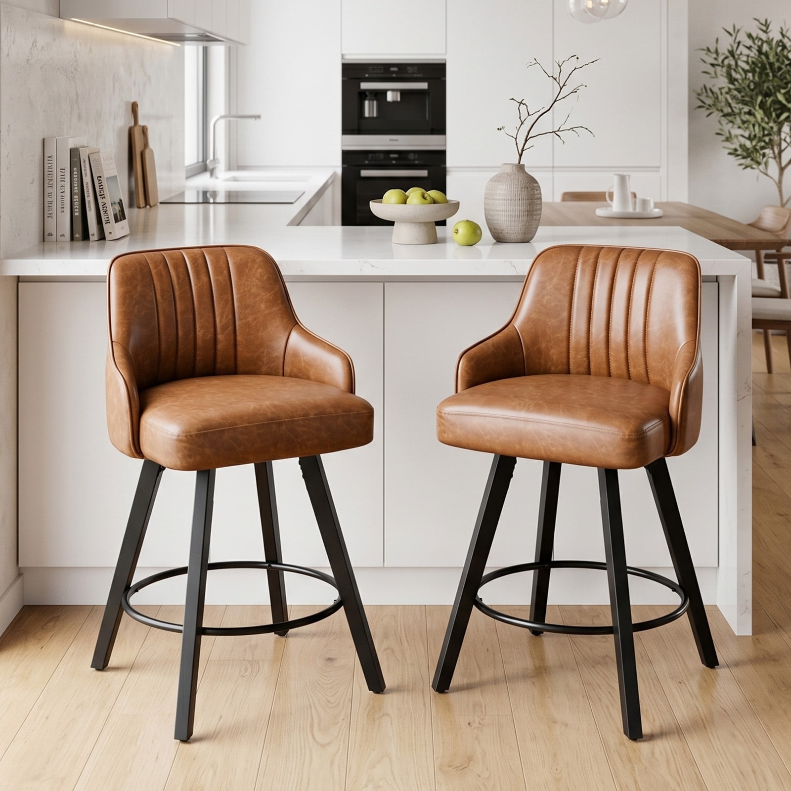 Swivel Upholstered Counter and Bar Height Stool with Solid Wood Leg