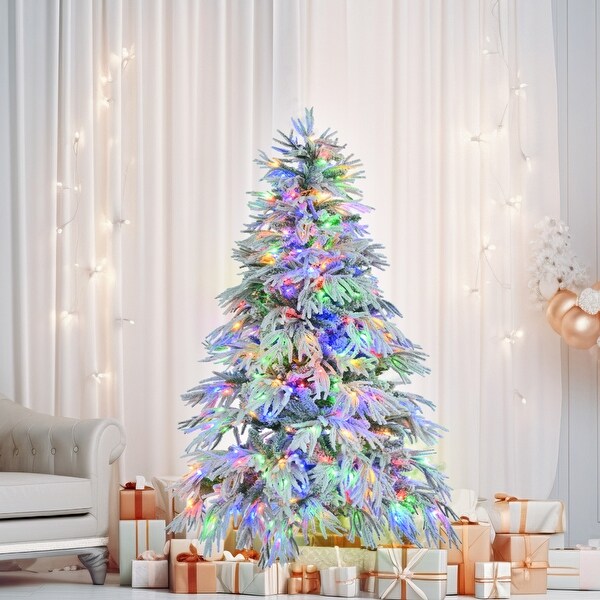 6ft Nearly Natural Pre Lit Snow Flocked Indoor Christmas Tree with 300 LED Lights 8 Flashing Modes 790 Snow Branch Tips White Green