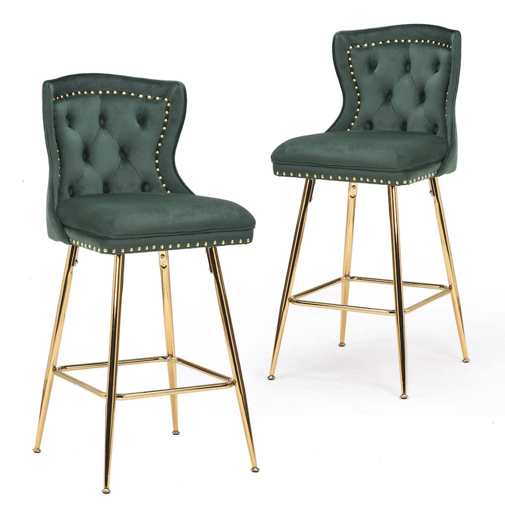 Set of 2 Emerald Green Velvet Wingback Bar Stools, Button Tufted with Nailhead Trim & Metal Legs