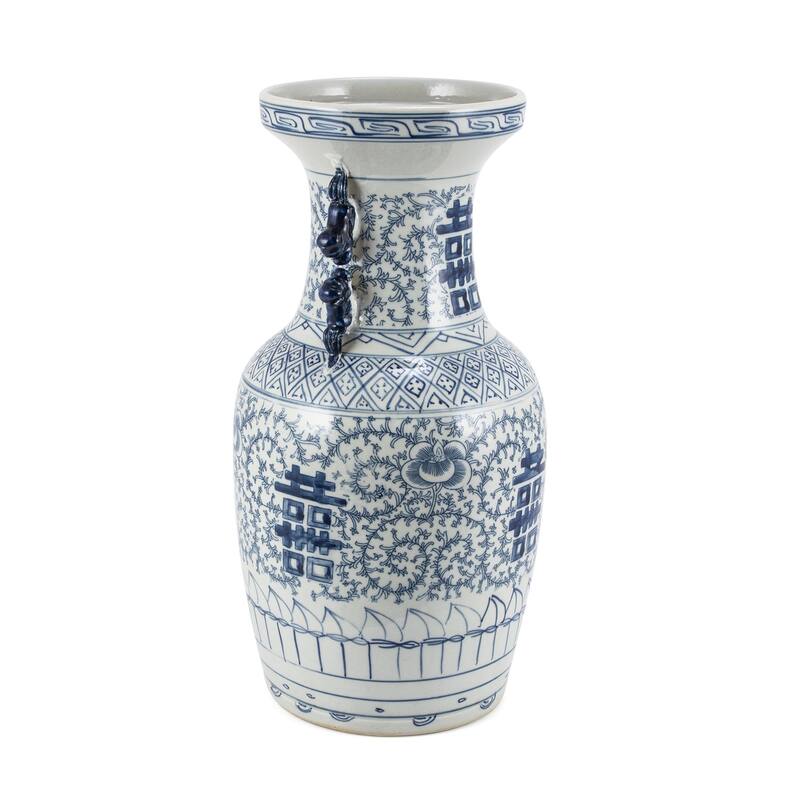 Blue And White Double Happiness Flower Vase With Ears - Medium
