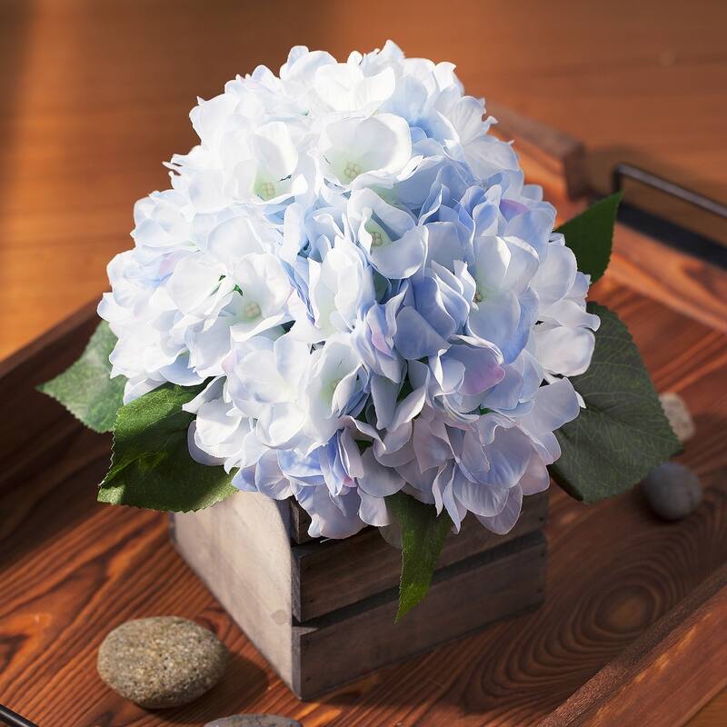 Enova Home Artificial Silk Hydrangea Fake Flowers Arrangement in Wood Planter for Home Office Wedding Decoration