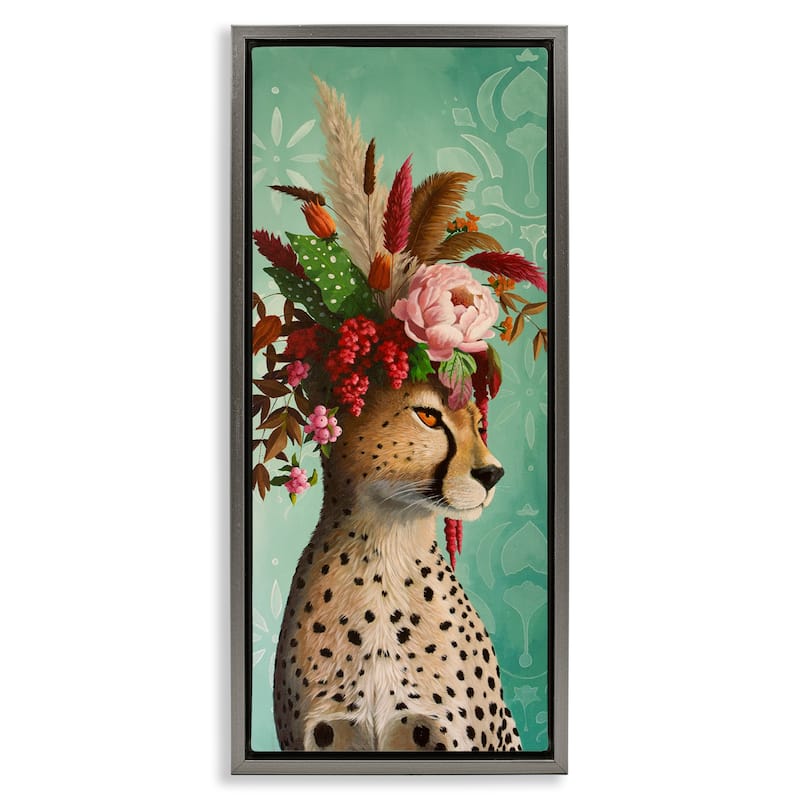 Stupell Elegant Leopard with Flower Arrangement Framed Floater Canvas Wall Art Design By Heather Gauthier - 11 x 25 - Grey