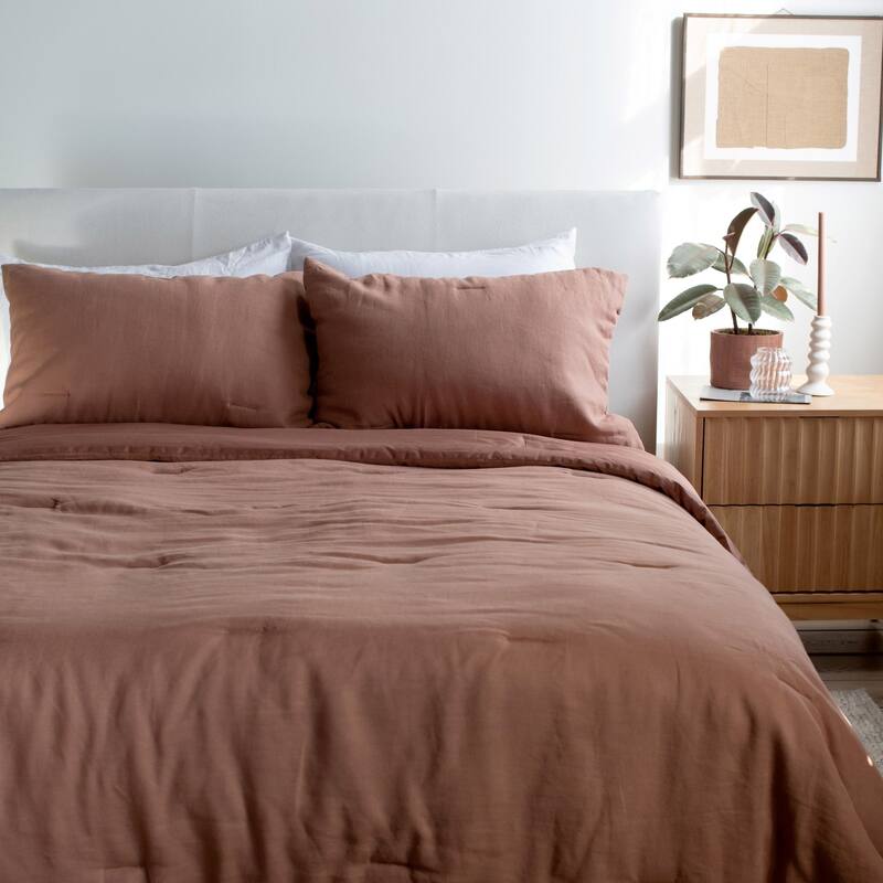 French Linen Comforter & Sham Set by BOKSER HOME - Clay - Twin - 2 Piece