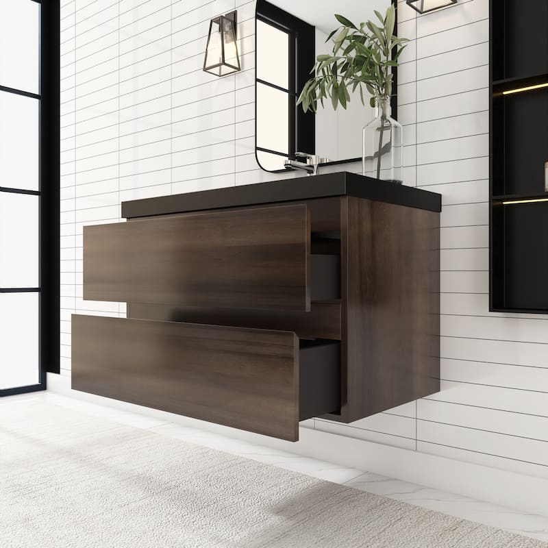 24/30/36 inch Wall-Mounted Bathroom Vanity Set in Grey Oak with Integrated Black Resin Sink
