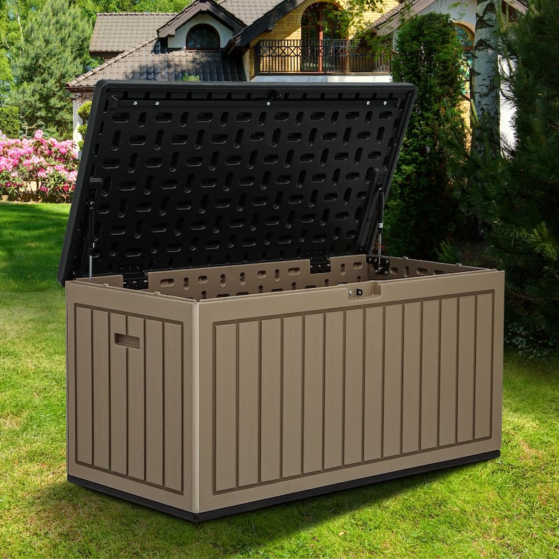 90 Gallons Water Resistant Resin Lockable Deck Box - black/brown
