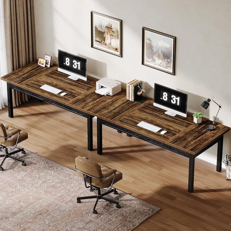63" Executive Office Desk - Rustic Computer Table with Thick Wood Top, Large Writing Desk with Metal Frame & Back Splash