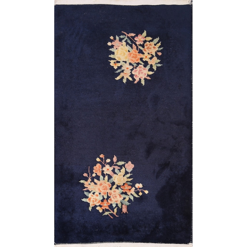 Navy Blue Floral Art Deco Chinese Accent Rug Hand-Knotted Wool Carpet - 2'0"x 3'11"