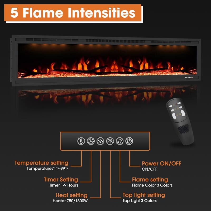72" 1500W Inserted Wall Mounted Modern Linear Smart Electric Fireplace Heater with APP Control and Remote