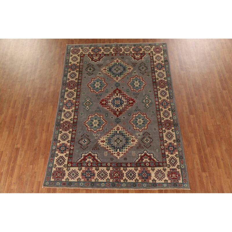Gray Geometric Kazak Oriental Area Rug Hand-Knotted Wool Carpet - 6'10"x 9'11"