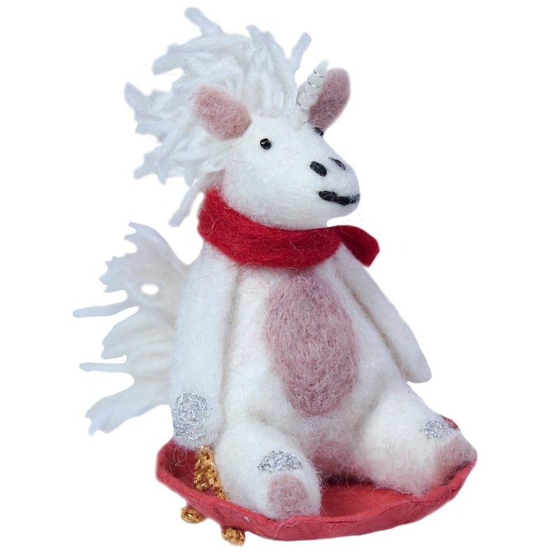 Handmade Sledding Unicorn Felt Ornament (Nepal)