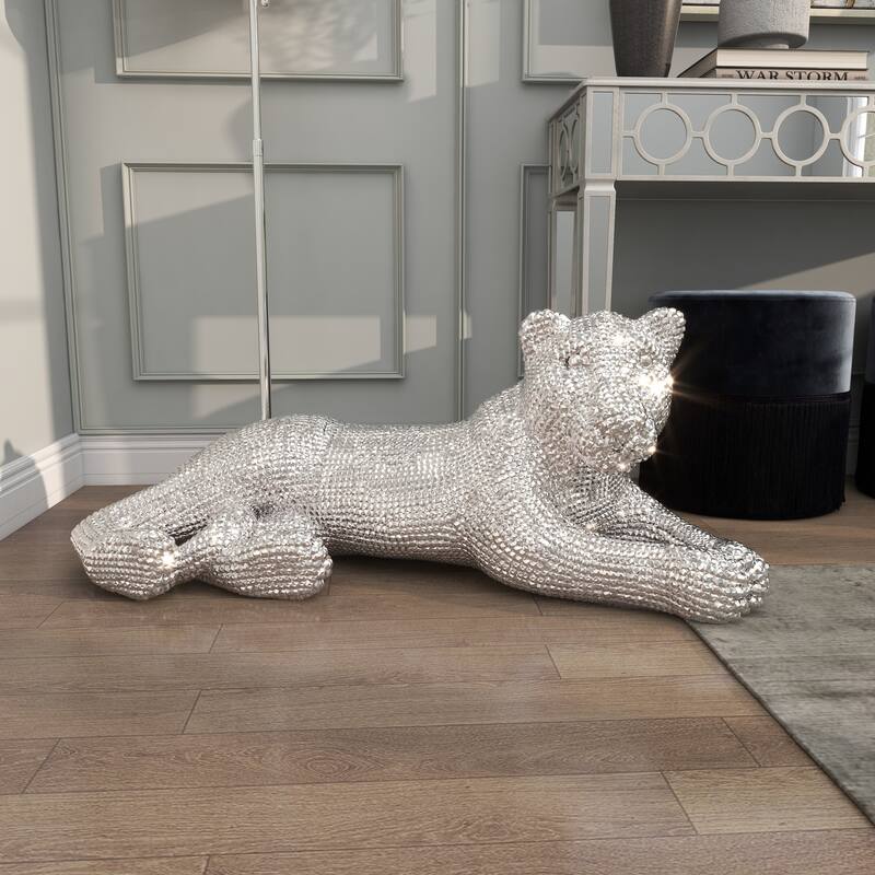 Polystone Floor Leopard Sculpture with Carved Faceted Diamond Exterior - Black or Silver