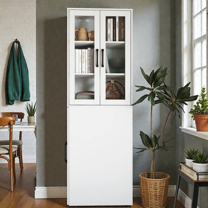 70.87" Tall Display Storage Cabinet with 4-Tier Pull-Out Shelf & Glass Doors, Modern Wooden Kitchen Pantry for Home - White