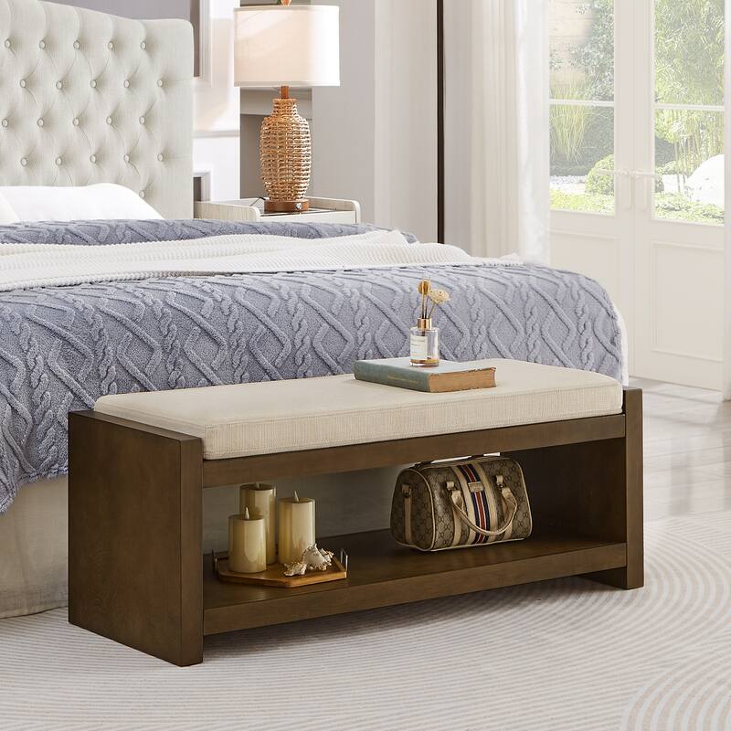 47" Accent Bench with Lower Shelf Shoe Rack Modern Compact Bed End Bench with Storage for Bedroom Seating, Removable Cushion - Ivory