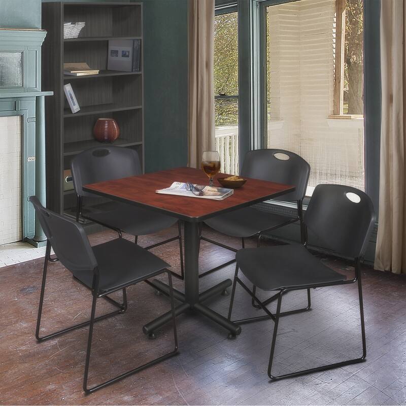 36" Square Breakroom Table- Cherry & 4 Stack Chairs- Black - Black, Cherry - 36
