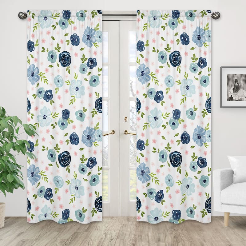 Navy Blue Pink Watercolor Floral 84in Window Treatment Curtain Panel Pair - Blush Green Shabby Chic Flower