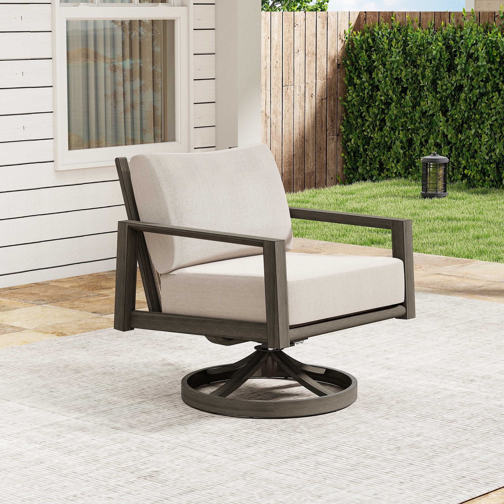 Nimbus 1-Piece Brown Aluminum Patio Swivel Sofa Chair with Sunbrella Light Gray Cushions