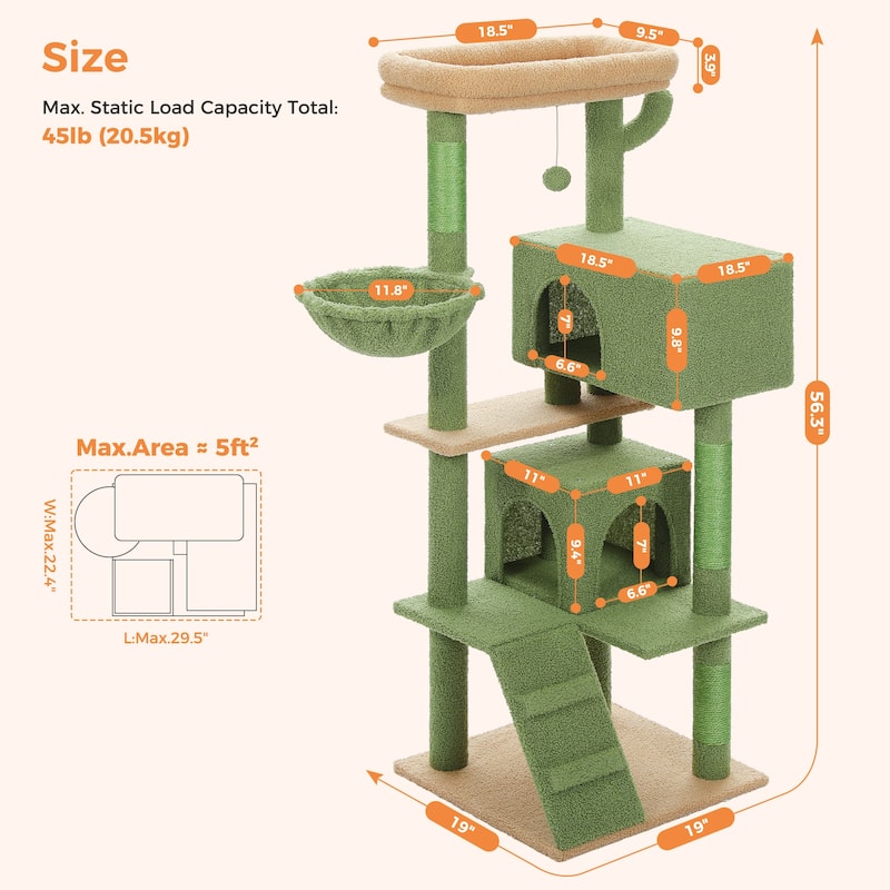 Cat Tree with Large Top Perch, Plush Hammock, 2 Condos, Dangling Pompom & Cat Scratching Posts