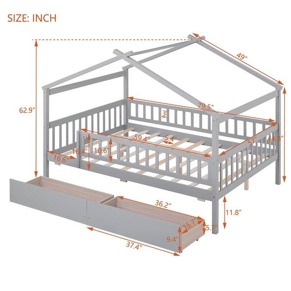 Gray Full Size Wooden House Bed with Two Drawers and Roof for Kids, Boys and Girls, Bedroom