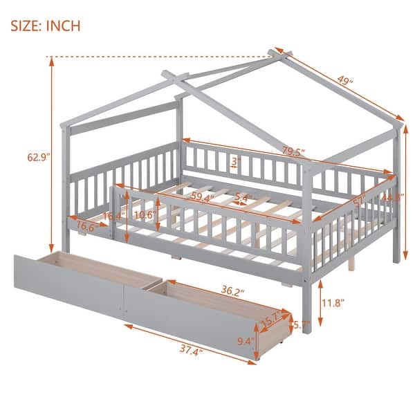 dimension image slide 3 of 7, Wooden House Bed, Platform Bed Frame with 2 Storage Drawers & Roof Design, for Kids, Girls, Boy, Teens
