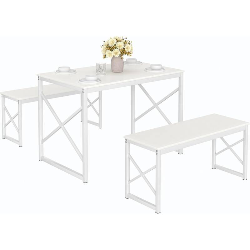 44.3" Dining Table with Benches Kitchen Table set for 4 Rectangular Dining Room Table Set with 2 Metal Wood Benches