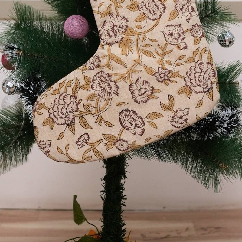 Fabdivine Linen or Cotton Hand Block Home Decorative Christmas Stockings - 16"X6.5" - Mrignayani- Yellow, Brown - Christmas Stockings