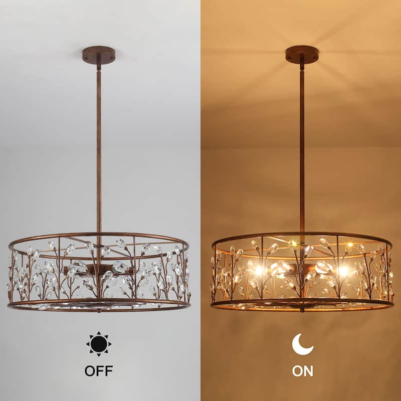 Rustic Antique Bronze Crystal Drum Chandelier for Dining Room - W23.62"