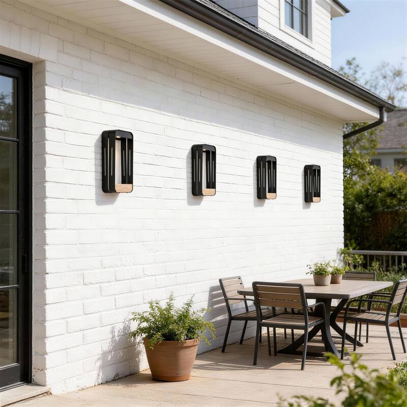 Outdoor Solar LED Wall Lantern Metal Wood-grain Shelf Sconce(4-pack) - Large - Black