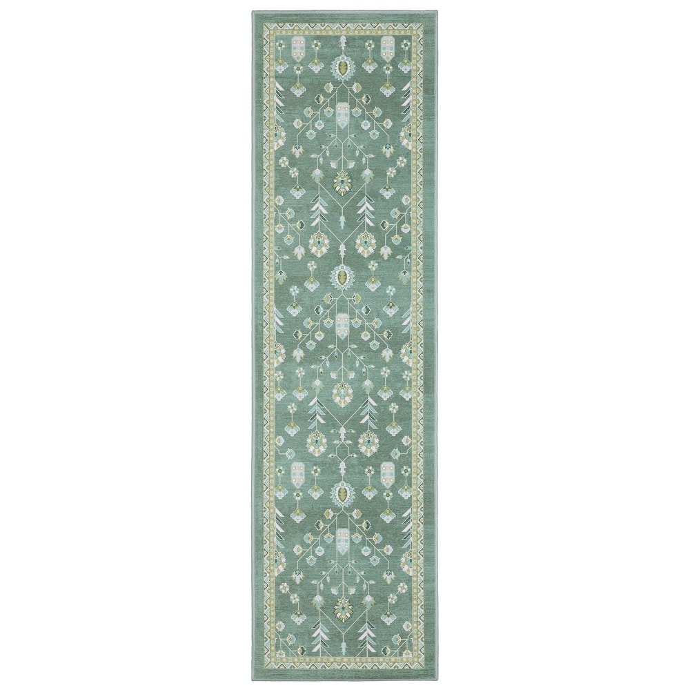 Addison Vintage Traditional Teal/ Green Printed Washable Flat Pile Rug