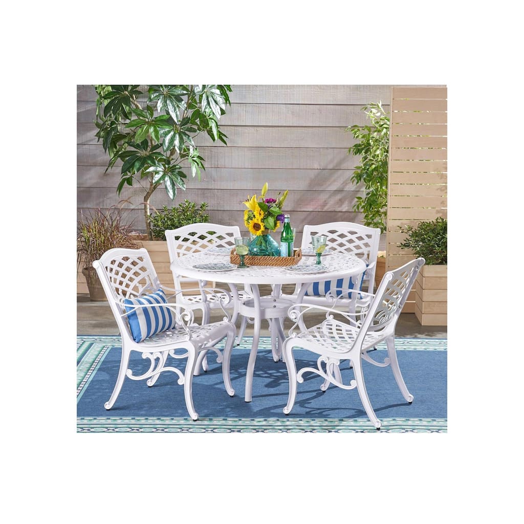 Dieter 4-Person White Aluminum Patio Set - Round Dining Table with Lattice Scrollwork