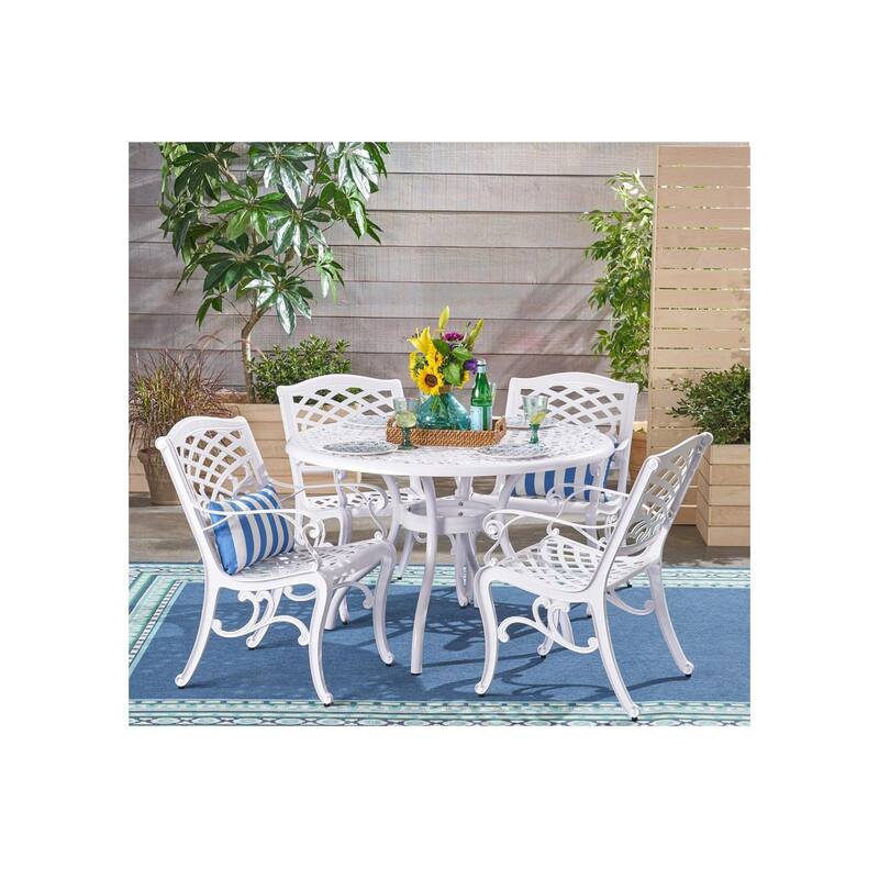 Roomfitters Outdoor Aluminum Dining Set with Lattice-Pattern Round Table and Four Armchairs for Stylish Patio Dining - White