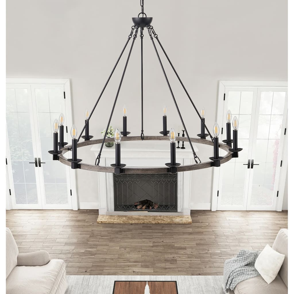 Rustic Black 12-Light Wagon Wheel Candle Style Chandelier