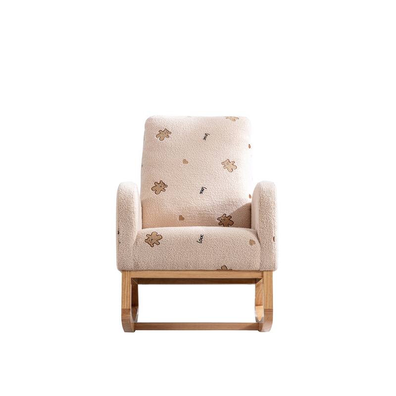 Modern Upholstered Rocker Armchair With Side Pocket, High Back Wooden Nursery Chair