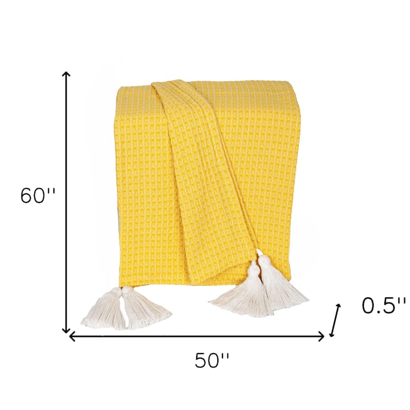 HomeRoots 50" X 60" Yellow Woven Cotton Throw Blanket with Tassels