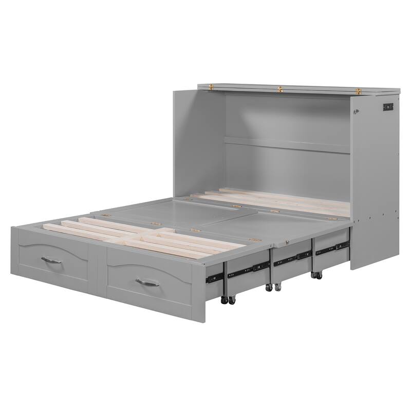Space-Saving Full Size Murphy Bed with Drawers, USB Ports, and Pulley Design in Gray