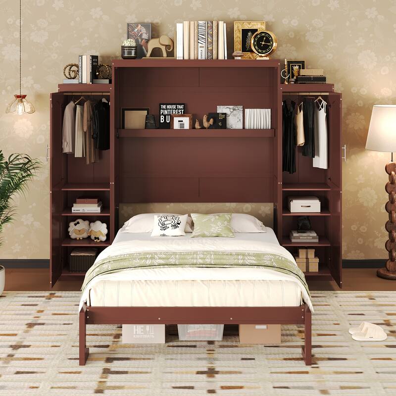 Multifunctional Queen Size Wooden Murphy Bed w/ 2 Wardrobe & Storage Shelf Foldable Wall Bedframe for Guest-Room, Bedroom