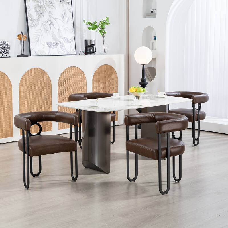 Dark Brown PU Upholstered Accent Chair Dining Chair Barrel Side Chairs Kitchen Armchair for Living Room Dressing Room Set of 3