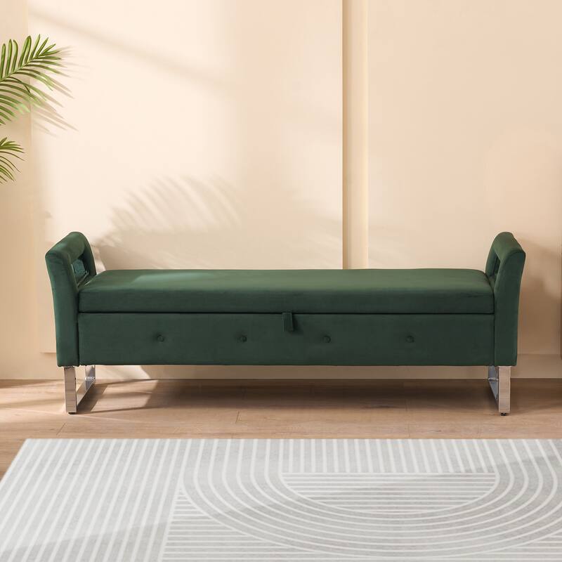 Roomfitters Velvet Storage Bench, Upholstered Entryway and Bedroom Bench with Armrests and Metal Legs