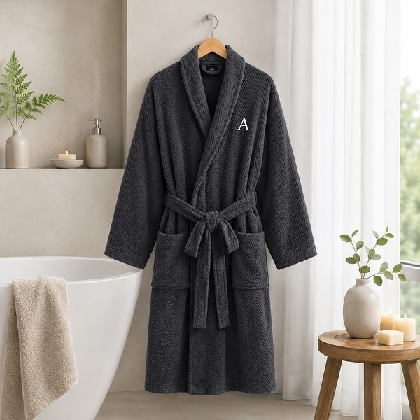 slide 2 of 30, Authentic Hotel and Spa Turkish Cotton Charcoal Monogrammed Unisex Bath Robe