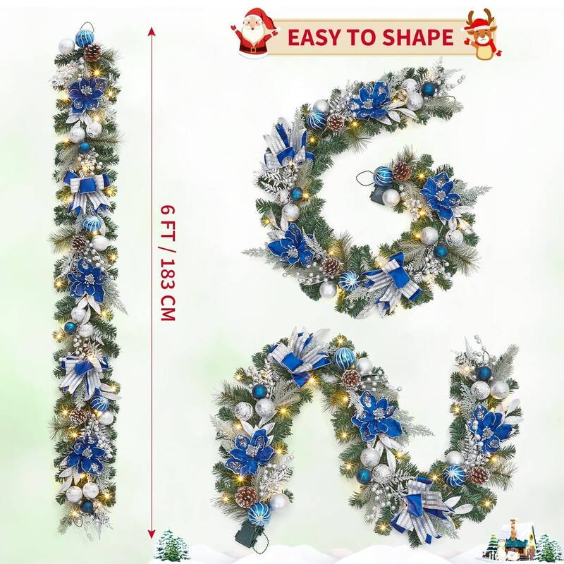 6ft Blue Flowers Christmas Garland with 20 LED Lights - N/A