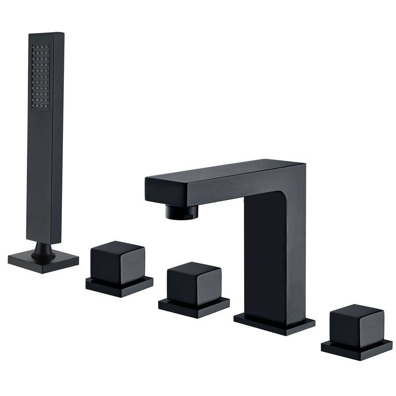 Tub Faucet With Hand Shower 3 Handle Matte Black Tub Fillers Modern 5 Holes Deck Mounted Bathroom Bathtub Faucet With Sprayer