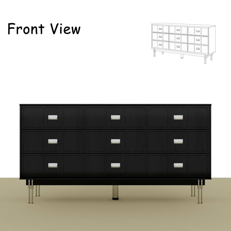 Large Black Dresser with 12 Drawers, 63” Storage Cabinet for Bedroom, Living Room or Entryway, Modern Buffet Sideboard