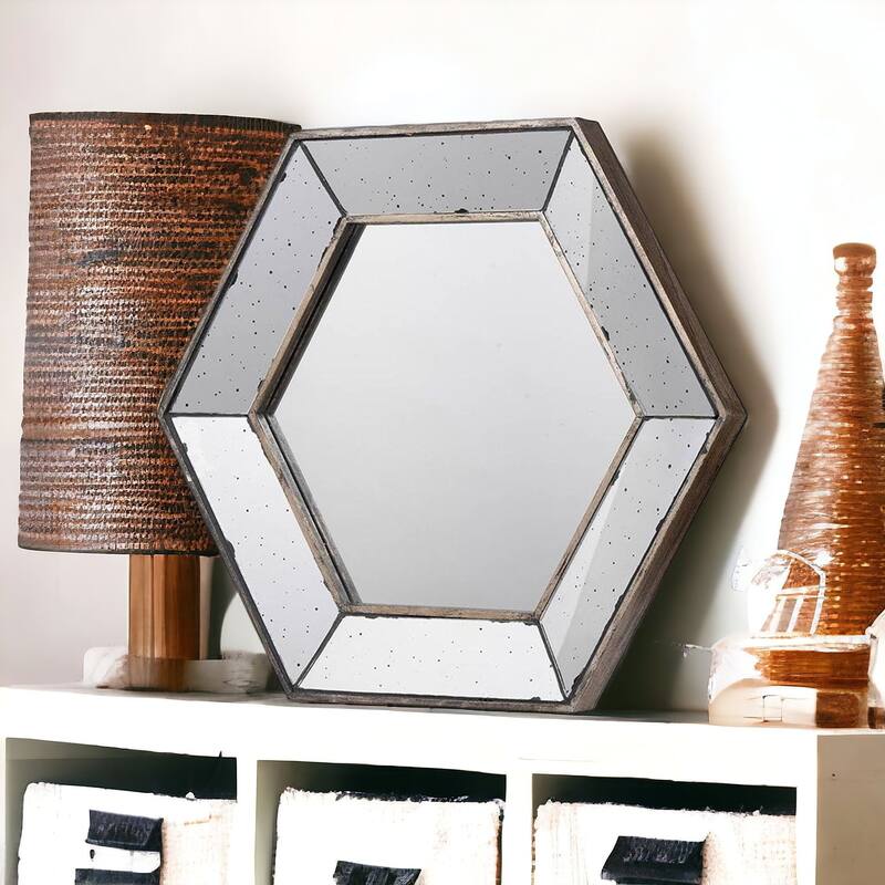 HomeRoots 18" Hexagon Wall Mounted Vintage Style Glass Frame Accent Mirror - 16.5