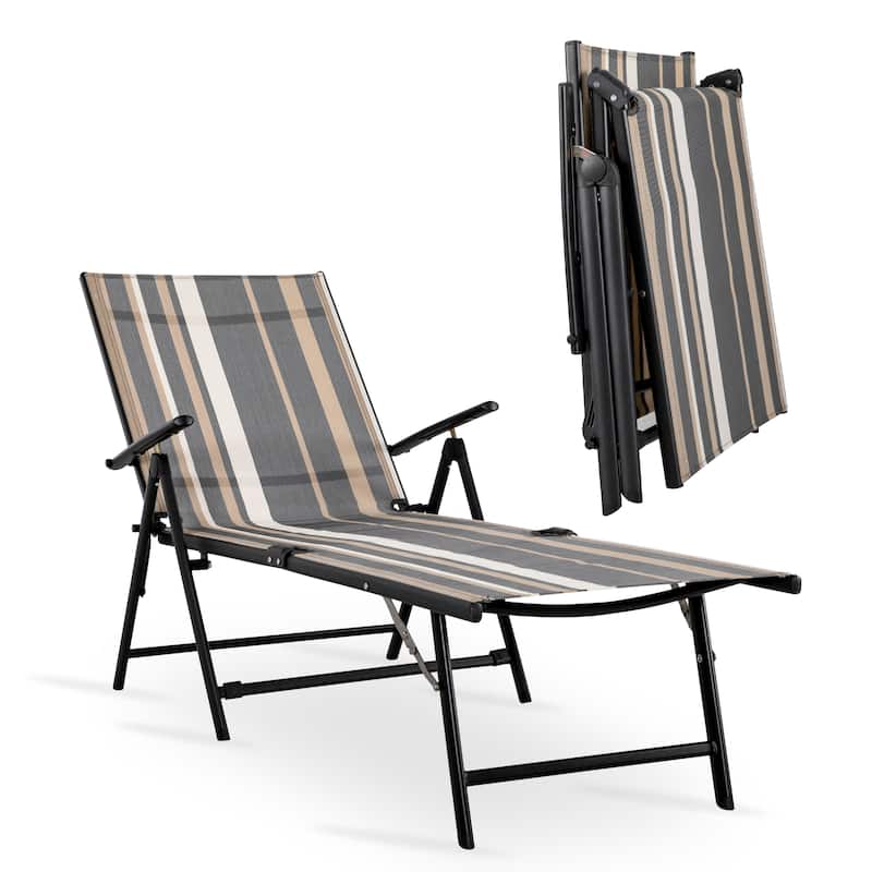 Outdoor Folding Chaise Lounge with 7-Position Adjustable Backrest and Armrests, Taupe Stripes - N/A