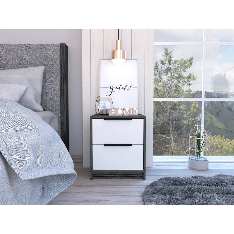 Bedroom Nightstand Two Drawers Metal Handle Smokey Oak