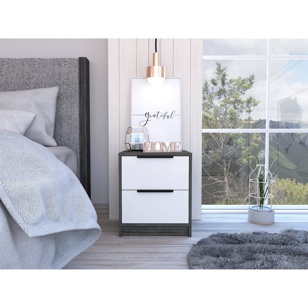 Bedroom Nightstand Two Drawers Metal Handle Smokey Oak