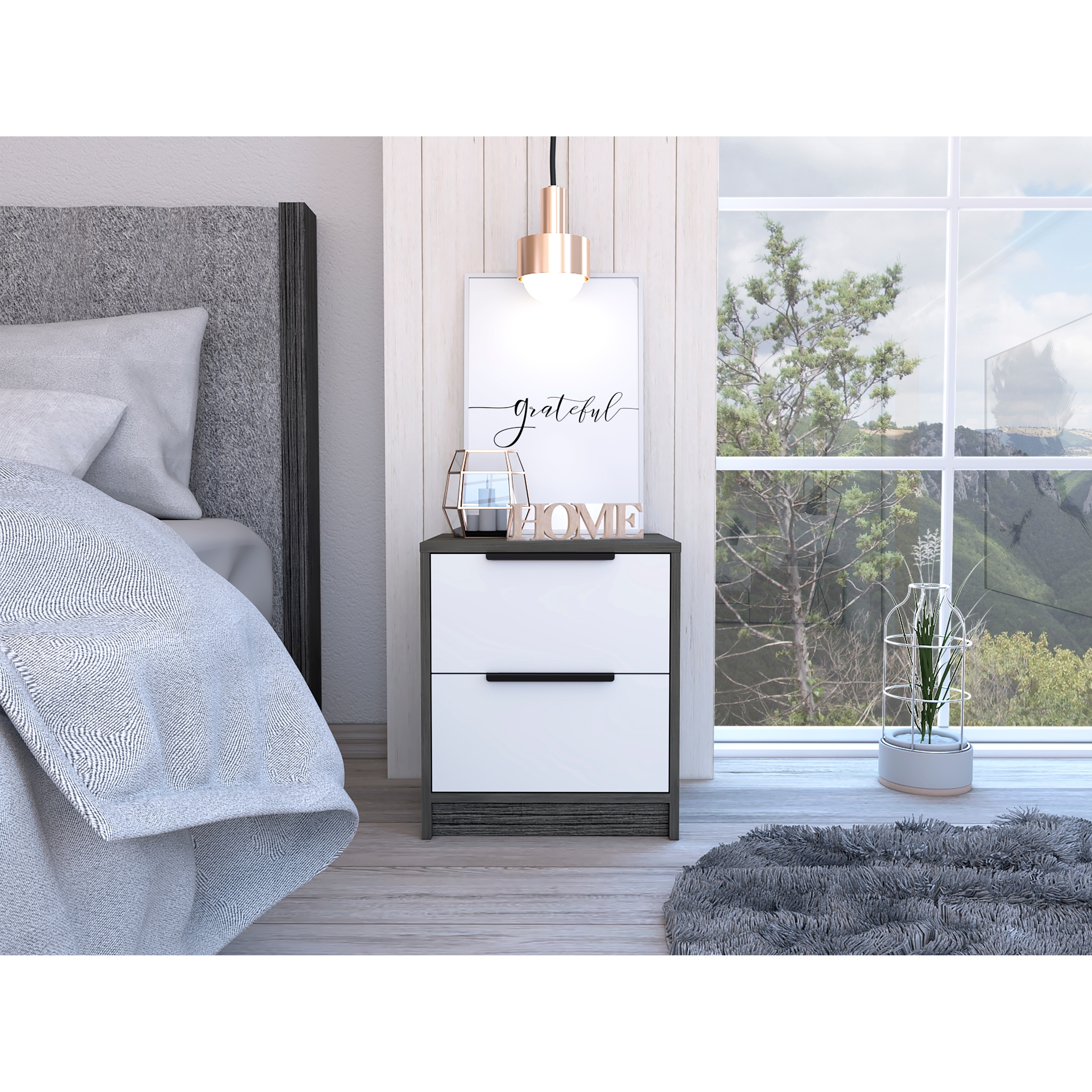Bedroom Nightstand Two Drawers Metal Handle Smokey Oak