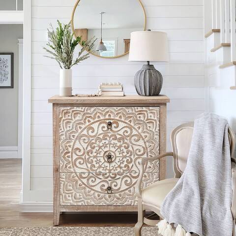 Rustic Natural and Whitewashed Wood Floral 3-Drawer Chest - 30.5" H x 28.5" W x 14.25" D