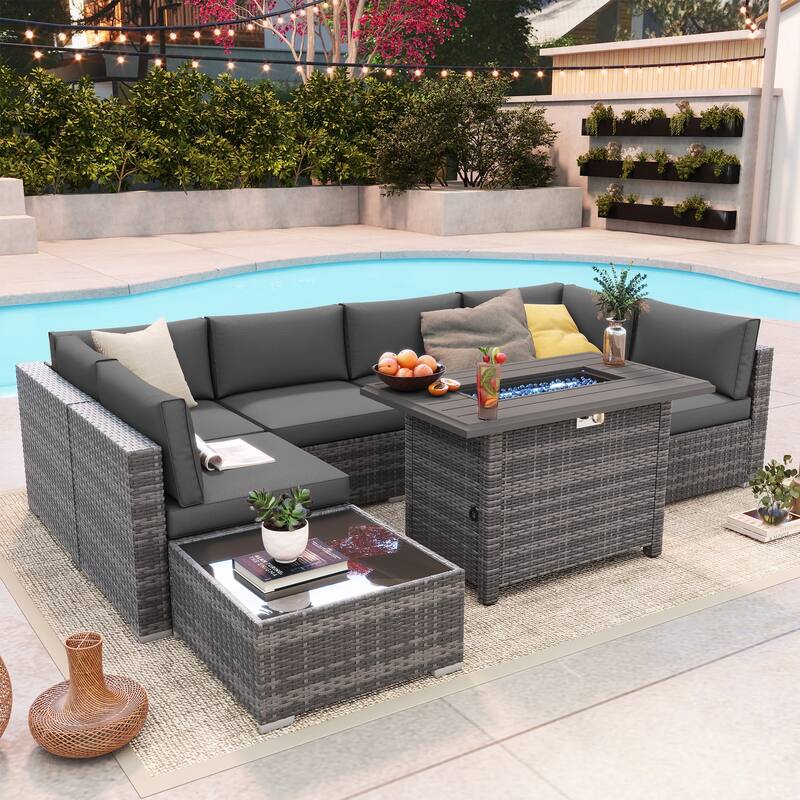Outdoor 8 Pieces Sectional Wicker Sofa Set with Fire Pit - DeepGrey